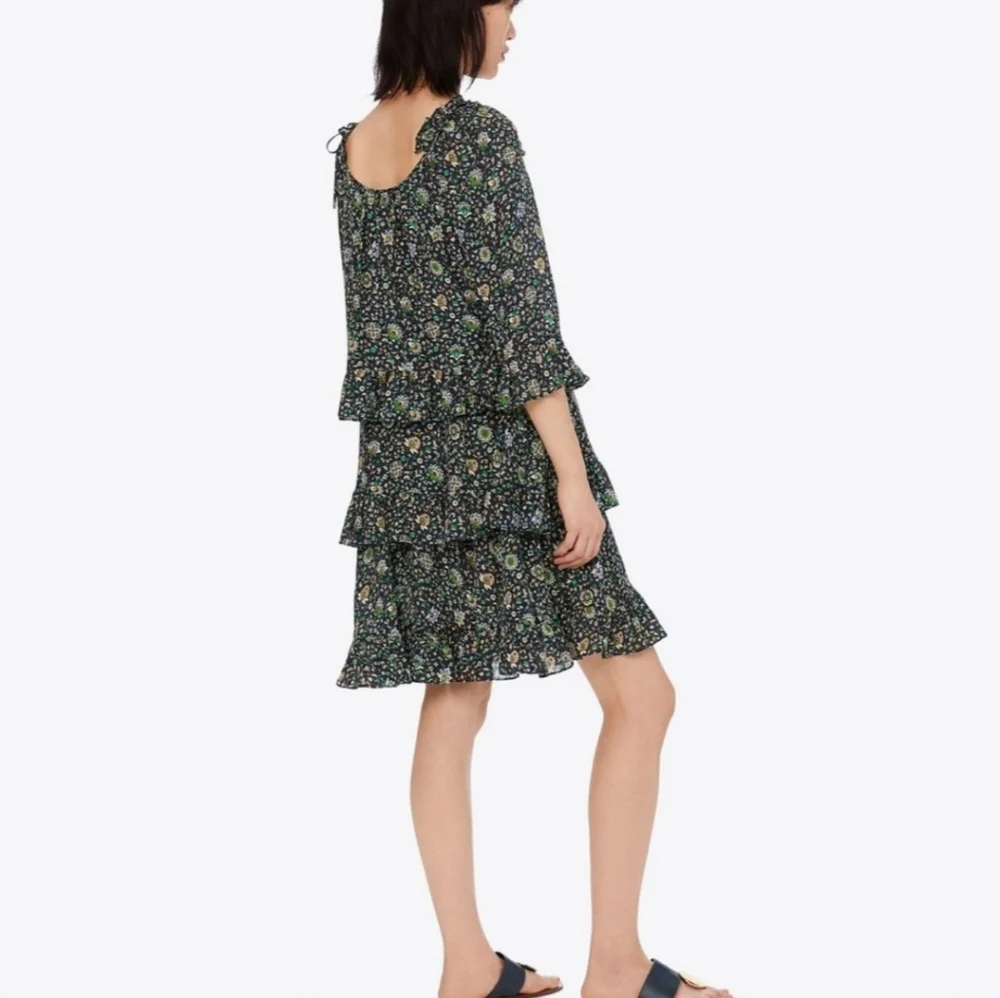 Tory Burch 100% Silk Printed Ruffle Dress Green Floral Size 2 Boho